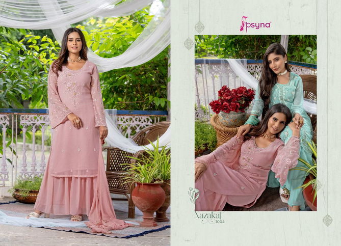 Psyna Nazakat Beautiful Fancy Georgette Festive Wear Kurti Sharara With Dupatta Collection